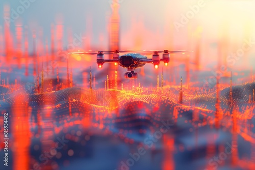 Drone with camera flying above a city edge  3D designed cityscape with digital effects