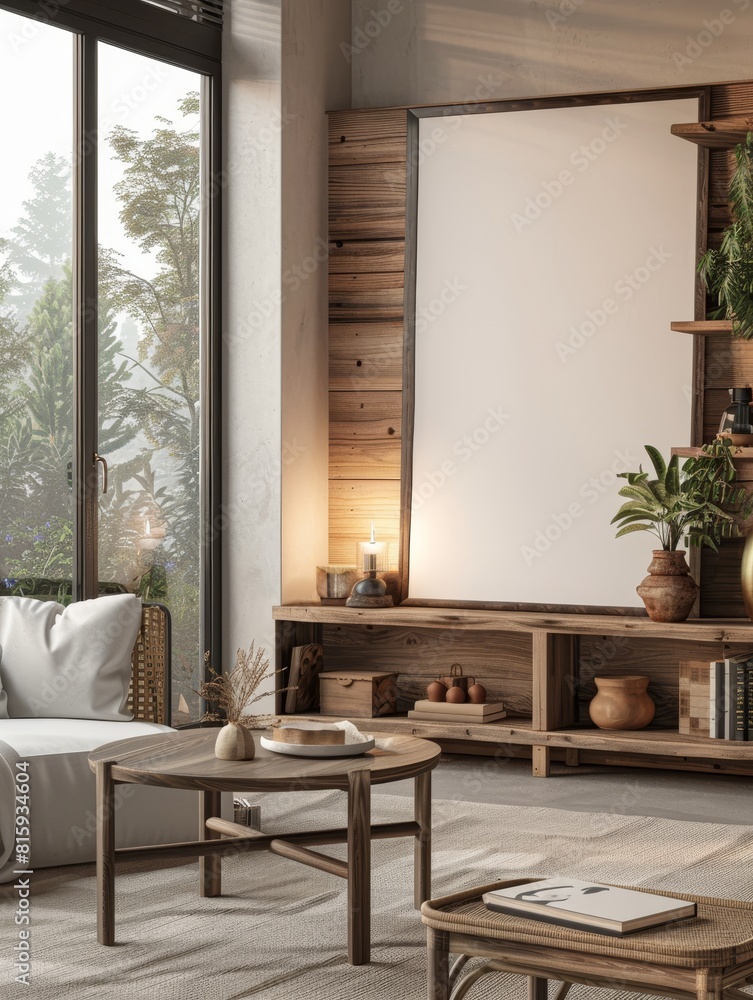 Fototapeta premium A white framed picture sits on a wooden table in a room with a window