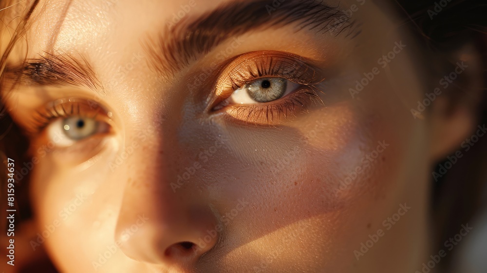 Fototapeta premium Closeup of a woman face focusing on her glowing complexion and refined makeup