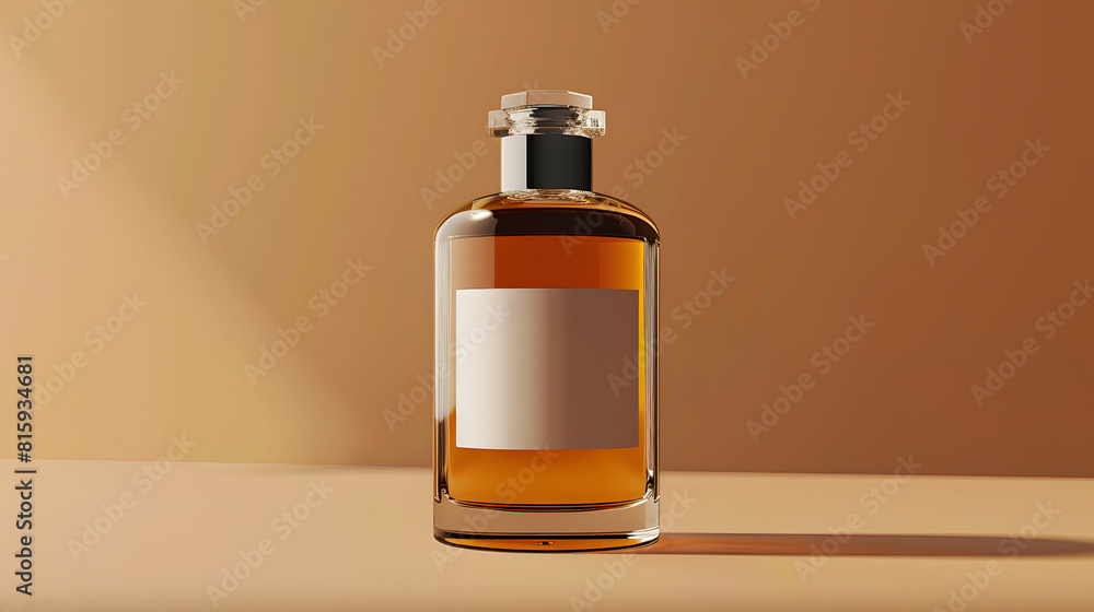 Transparent bottle of perfume with white label on a beige background. mockup for Fragrance presentation with daylight. Trending concept Transparent bottle of perfume with white label on a beige background. mockup for Fragrance presentation with daylight. Trending concept