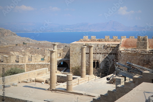 The Acropolis of Lindos, historical architecture in Rhodes island, Greece, Europe