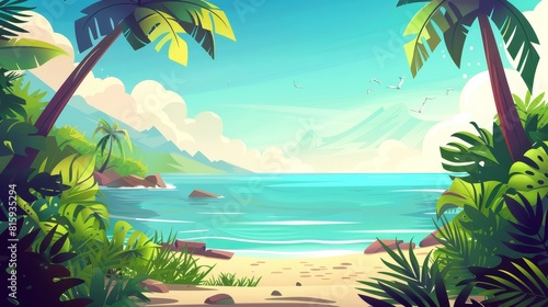 A tropical landscape of jungle on a sea beach with jungle trees and grass silhouetted in the water. Modern cartoon illustration of an exotic island with a shoreline on the ocean. © Mark