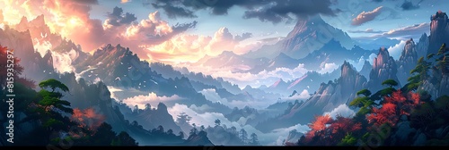 mountain art background vector, panorama view, Traditional oriental style wallpaper realistic nature and landscape #815935297
