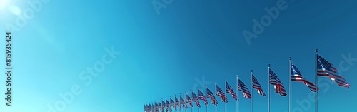 American flags waving on blue sky background, banner. US sign symbol