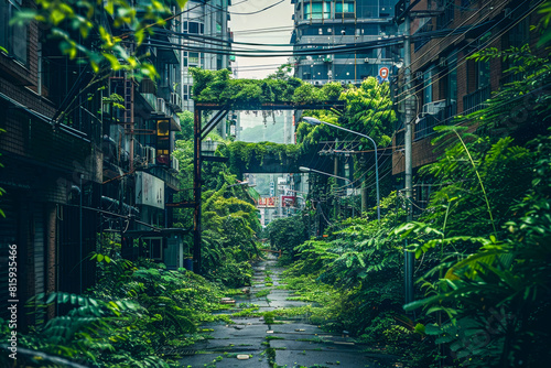 City Street Overgrown with Jungle Vegetation.  Generated Image.  A digital rendering of a ruined city street overgrown with jungle vegetation.