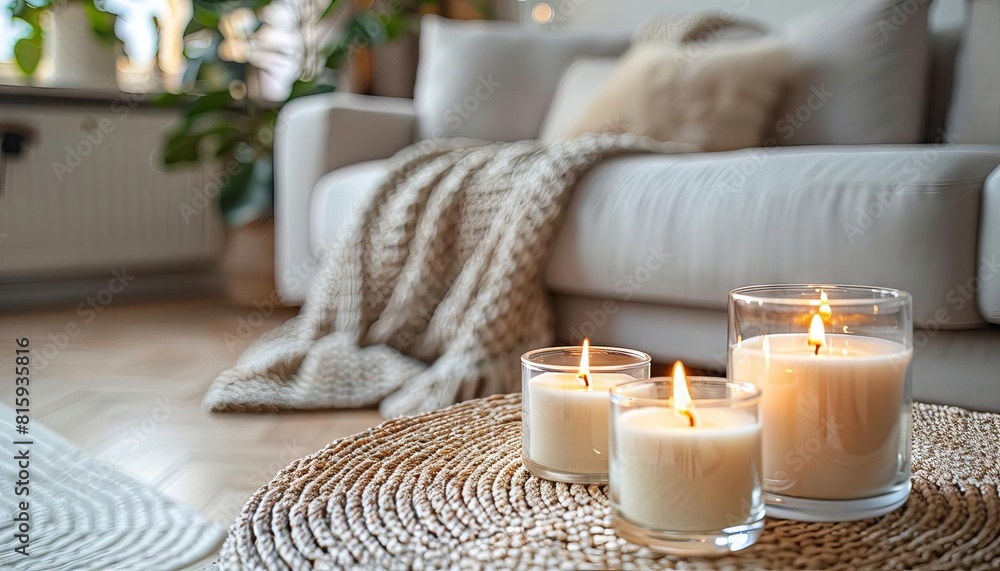 Soft warm light beauty of candles in glass candle bottles on a coffee table, a white sofa, portraying a modern living room in a Scandinavian design, character by its aesthetic and minimalistic style Soft warm light beauty of candles in glass candle bottles on a coffee table, a white sofa, portraying a modern living room in a Scandinavian design, character by its aesthetic and minimalistic style