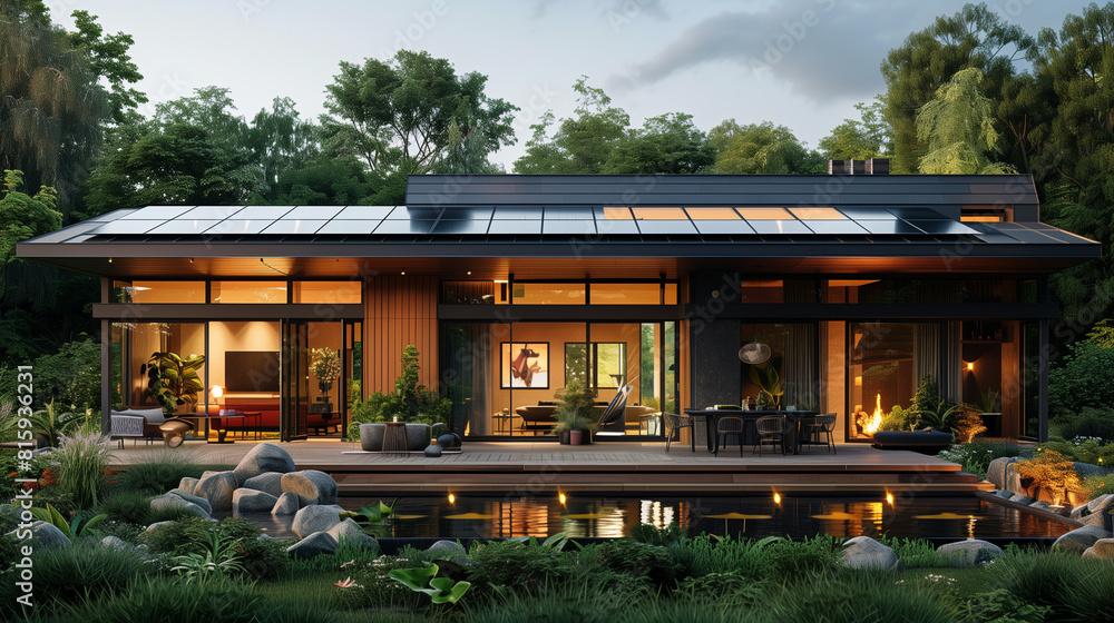 Lush greenery complements the beautiful pool of this luxurious solar-powered home, set in a serene, sustainable smart home architecture. Lush greenery complements the beautiful pool of this luxurious solar-powered home, set in a serene, sustainable smart home architecture.