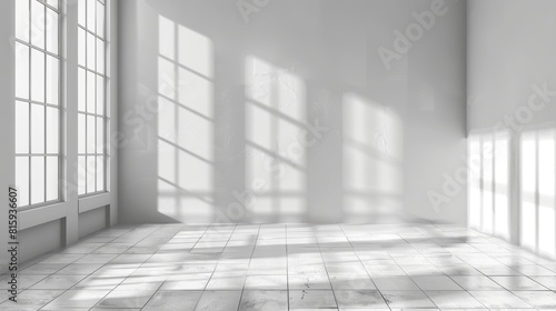 Window shadow and light blind overlay effect on white wall and floor in a large room. Natural lighting, glass frame shade on wall surface background, 3D modern illustration in graphic design mock up.