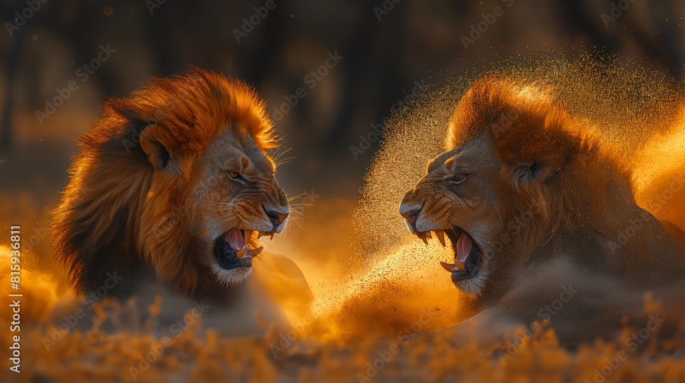 Fototapeta premium lion fighing over Massai marah jungle in south africa 4K Wallpaper created by ai