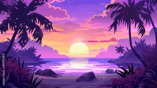 Sunset on tropical beach  evening landscape with palm trees  plants  rocks and sand on seaside under deep purple sky  2d modern illustration of seaside sunset. Modern illustration.
