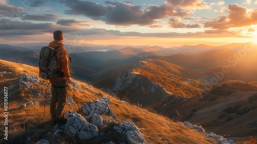 A man with backpack standing on top of mountain and looking at beautiful sunrise over the valley in autumn season, dramatic sky, epic landscape photography, Canon eos r5