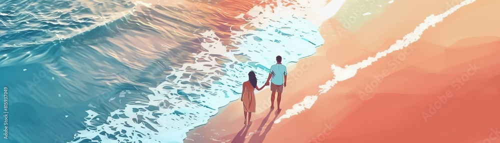 Capture a romantic pre-wedding scene with a birds-eye view showcasing a couple walking hand in hand on a stunning beach destination at sunset Include soft Capture a romantic pre-wedding scene with a birds-eye view showcasing a couple walking hand in hand on a stunning beach destination at sunset Include soft