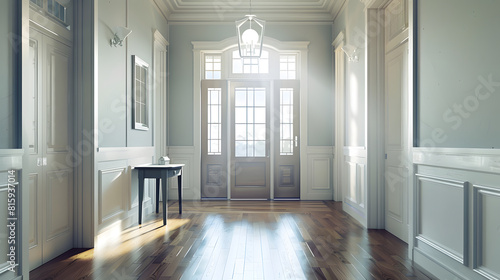 An open large and wide interior front door hallway foyer with transom hanging light fixture coastal colors and entry way table and wood floors : Generative AI photo