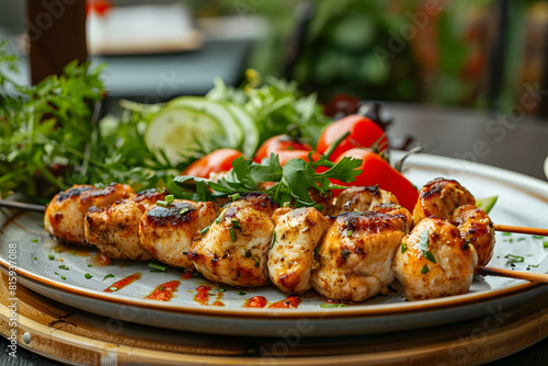 Chicken kebab on plate.