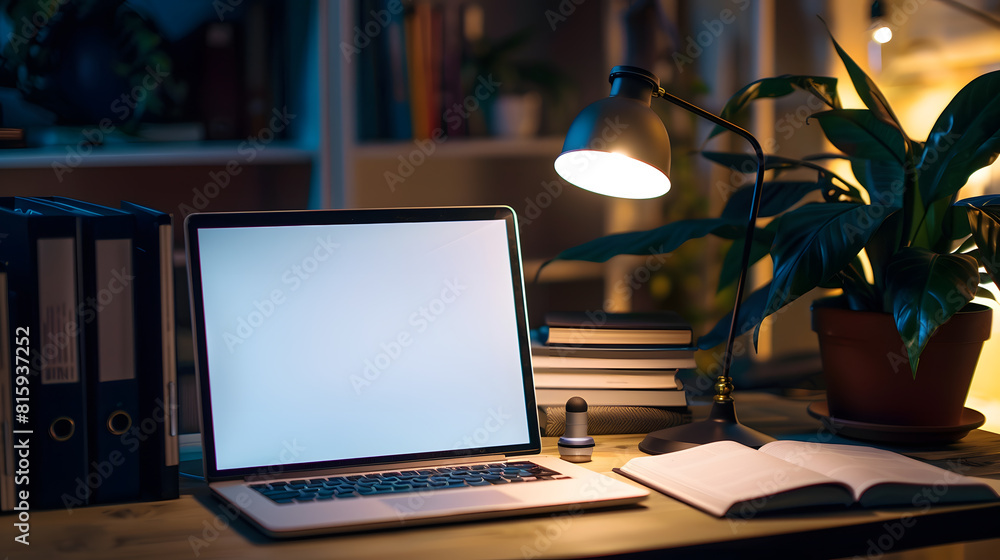 Fototapeta premium Remote work at home office online education study freelance internet connection wireless technology Vertical shot of modern laptop with blank display on desk Table lamp and open book f : Generative AI