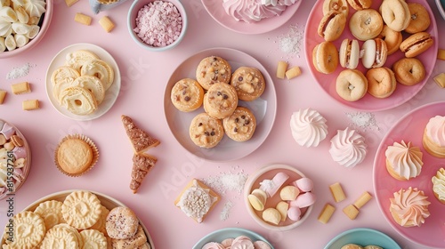 Top view background with a variety of bakery products and bread