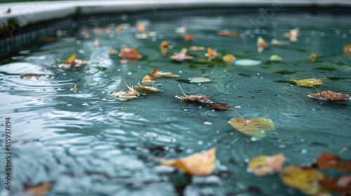 Leaves and algae on the surface of a small outdoor pool that requires maintenance photo