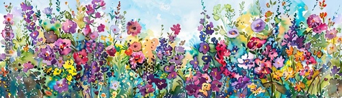 Capture the panoramic view of a lush garden in vivid watercolors, showcasing a tapestry of rainbow-colored flowers blooming under a clear blue sky