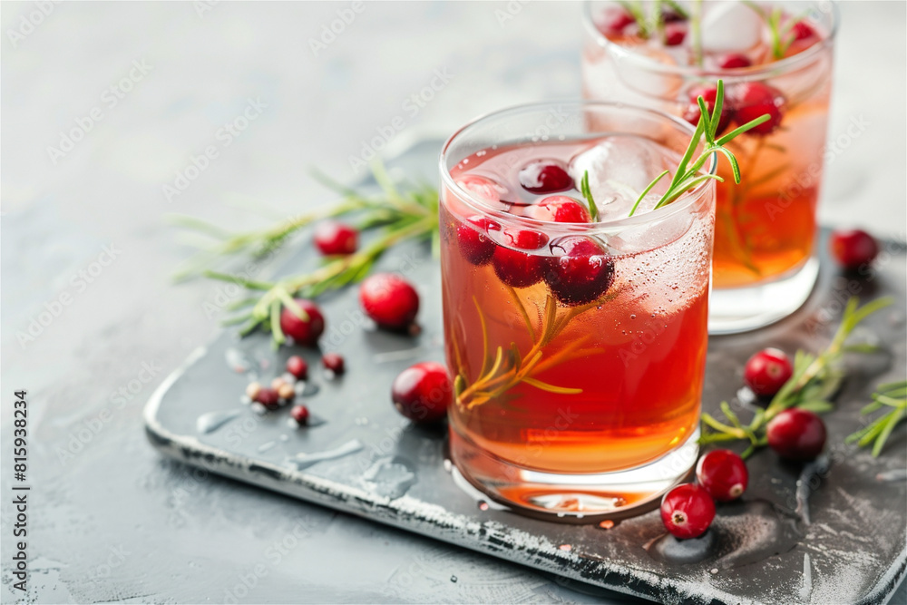 Soft kombucha drinks with ice, cranberry and rosemary served on the tray. Non-alcoholic drink-beverages summer concept Soft kombucha drinks with ice, cranberry and rosemary served on the tray. Non-alcoholic drink-beverages summer concept