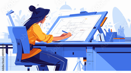 A female engineer in a blue chair at her desk. She has long dark hair and is wearing a yellow shirt with a black belt and black pants. She is working on a blueprint with a pencil.