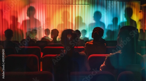 Craft a digital collage of silhouetted figures engrossed in a LGBTQ-themed film screening