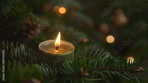 Video horizontal of Close up of a candle light on the christmast tree.  photo