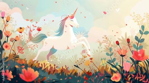 Craft a side view cartoon illustration of a whimsical unicorn frolicking in a meadow under a pastel sky, with vibrant flowers blooming around photo