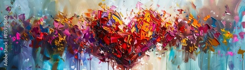 Craft an abstract painting of a fractured heart symbolized by shattered glass