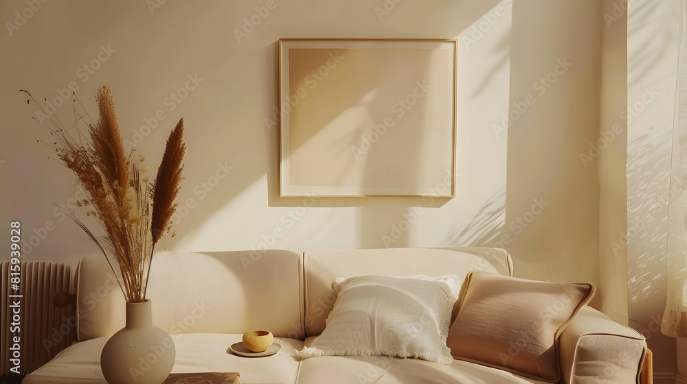 Warm and cozy living room with mock up poster frame modern beige sofa wooden oval coffee table vase with dried flowers round pillow vintage carpet and personal accessories Home decor T : Generative AI Warm and cozy living room with mock up poster frame modern beige sofa wooden oval coffee table vase with dried flowers round pillow vintage carpet and personal accessories Home decor T : Generative AI