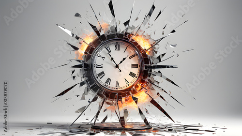 Broken and burning glass clock in front of white background, Generative AI photo