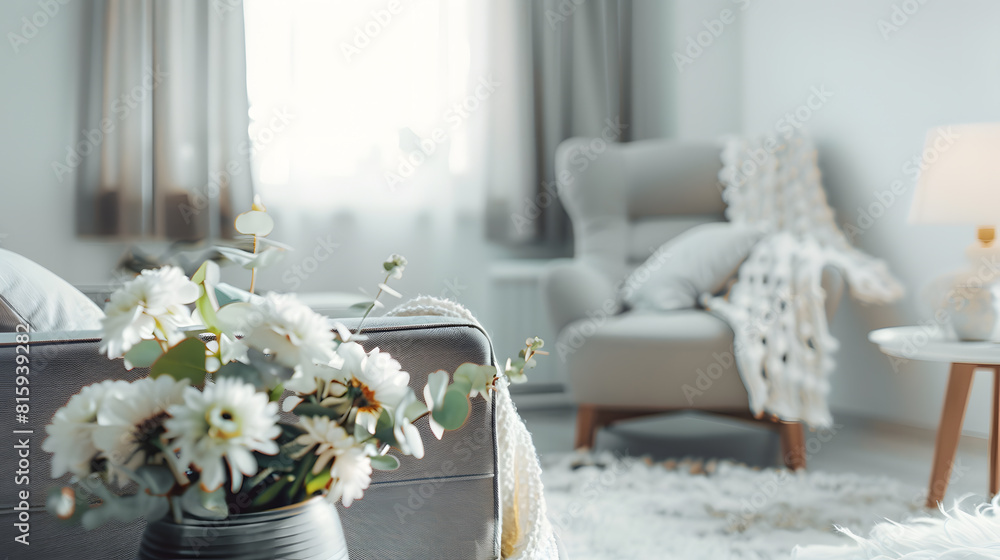 Aesthetic modern Scandinavian home interior design Elegant bohemian living room with comfortable sofa lounge chair carpet white walls flowers bouquet decorations : Generative AI Aesthetic modern Scandinavian home interior design Elegant bohemian living room with comfortable sofa lounge chair carpet white walls flowers bouquet decorations : Generative AI