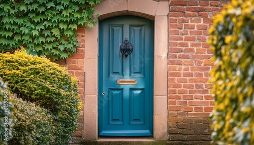 old door with green grass, A blue and green door framed an aged brick wall, a nostalgic ambiance reminiscent of a quaint countryside cottage.