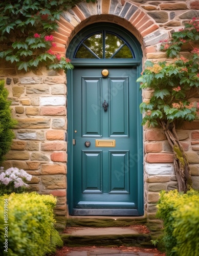 old door with flowers, A blue and green door framed an aged brick wall, a nostalgic ambiance reminiscent of a quaint countryside cottage.