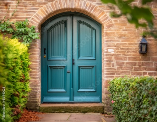 old door in a village, A blue and green door framed an aged brick wall, a nostalgic ambiance reminiscent of a quaint countryside cottage.