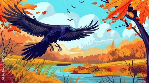 Stream of water, green grass, orange bushes, trees and wild crow with spread wings fly in autumn forest on river shore. Modern cartoon illustration of fall landscape with water stream, green grass, © Mark