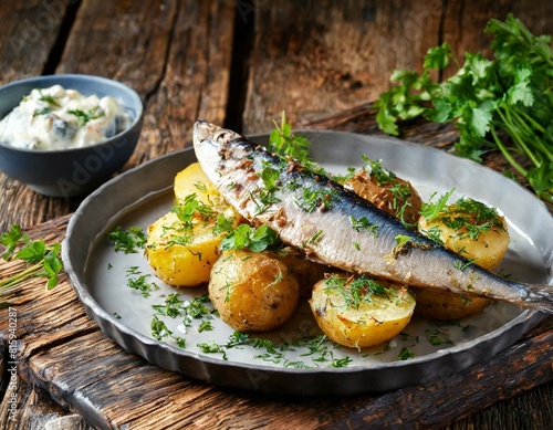 Gebratener Hering mit Kräuterkartoffeln und Kräuterremoulade photo