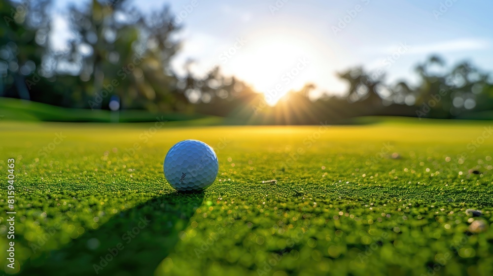 Golf ball closeup on green grass with beautiful sunset in the background, minimalism, copy space for text Golf ball closeup on green grass with beautiful sunset in the background, minimalism, copy space for text