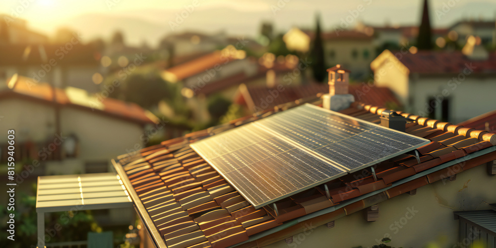Obraz premium A image of solar panels installed on the roof of a residential home, capturing the integration of solar energy into everyday living