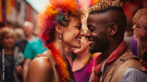 Multiethnic LGBT couple with friends having fun at a pride festival, man and transgender woman smiling in rainbow colors