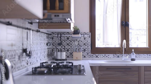 Interior of small kitchen with sink near window and wooden cabinets in kitchen furniture Stove with gas and kettle Modern pattern tiles on the wall : Generative AI photo
