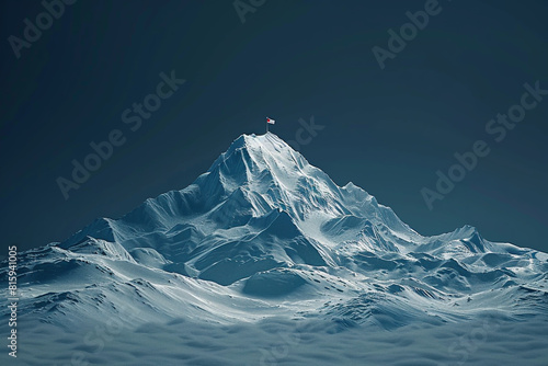 A snow-capped peak adorned with a flag against a minimalist backdrop of deep blue. © HillTract