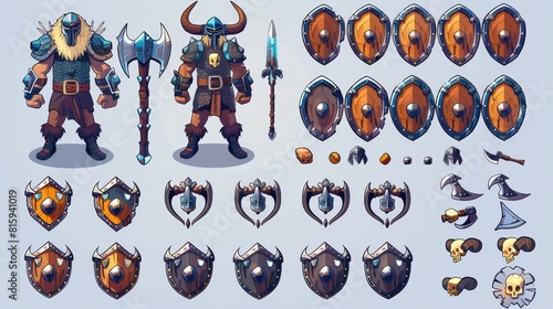 Viking walk cycle sequence with armor icons and character sprite sheet. Modern cartoon set with sword, shields, helmets with horns, and skull necklaces.