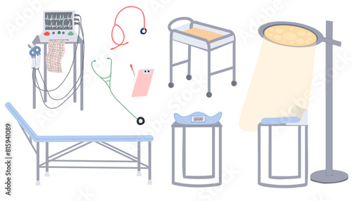 Set of Medical Equipment in the maternity hospital. Couch, baby scale, fetal monitor,  stethoscope, bilirubin lamp. Hospital technics for health monitoring and exam. Cartoon Vector Illustration.