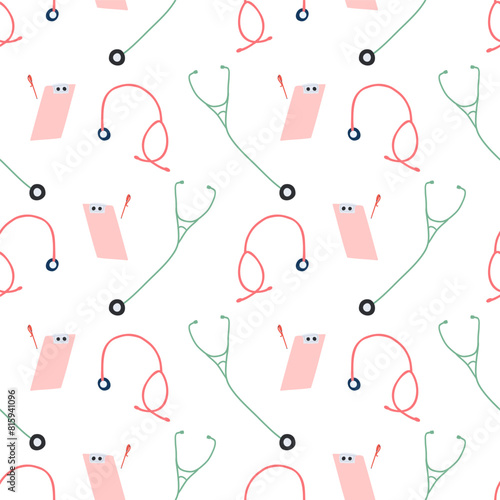 Stethoscope and medical tablet seamless pattern. Simple cartoon pattern with medical tools. Vector background for a medical center, clinic, print, web design. White background. 