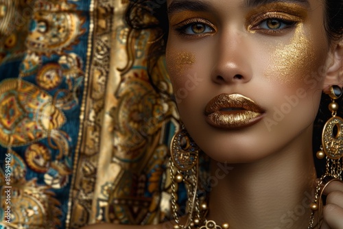 Elegant Ancient-Inspired Beauty Portrait with Gold Makeup and Jewelry