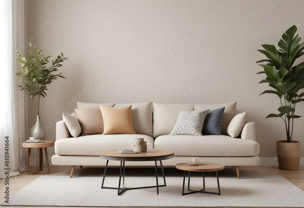 A living room with a couch and a coffee table with a coffee cup on it A living room with a couch and a coffee table with a coffee cup on it