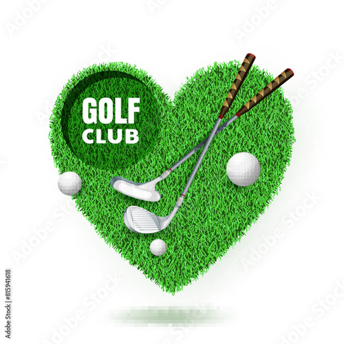Golf club tournament, poster banner design template. Heart shape golf course with balls and clubs. Vector cartoon illustration isolated on white background