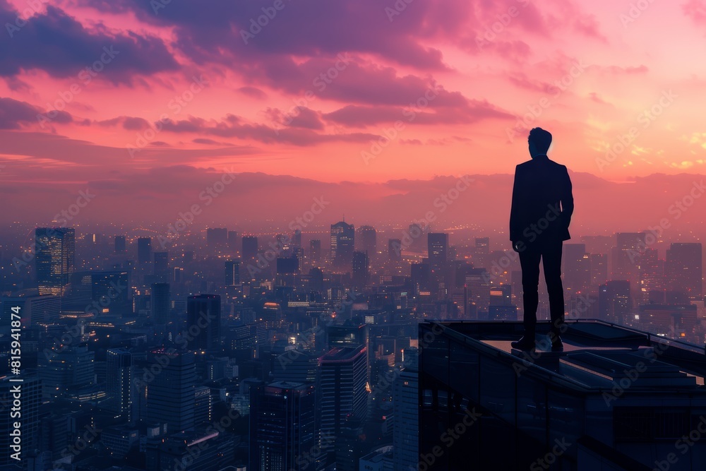 Business Leader Overlooking Cityscape at Dawn - A Symbol of Vision and Strategic Leadership