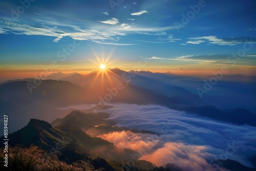 Achieving New Heights  Sunrise at the Mountain Summit Symbolizes Overcoming Challenges