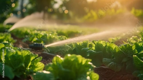 Automatic watering system for a lush and thriving vegetable garden. photo